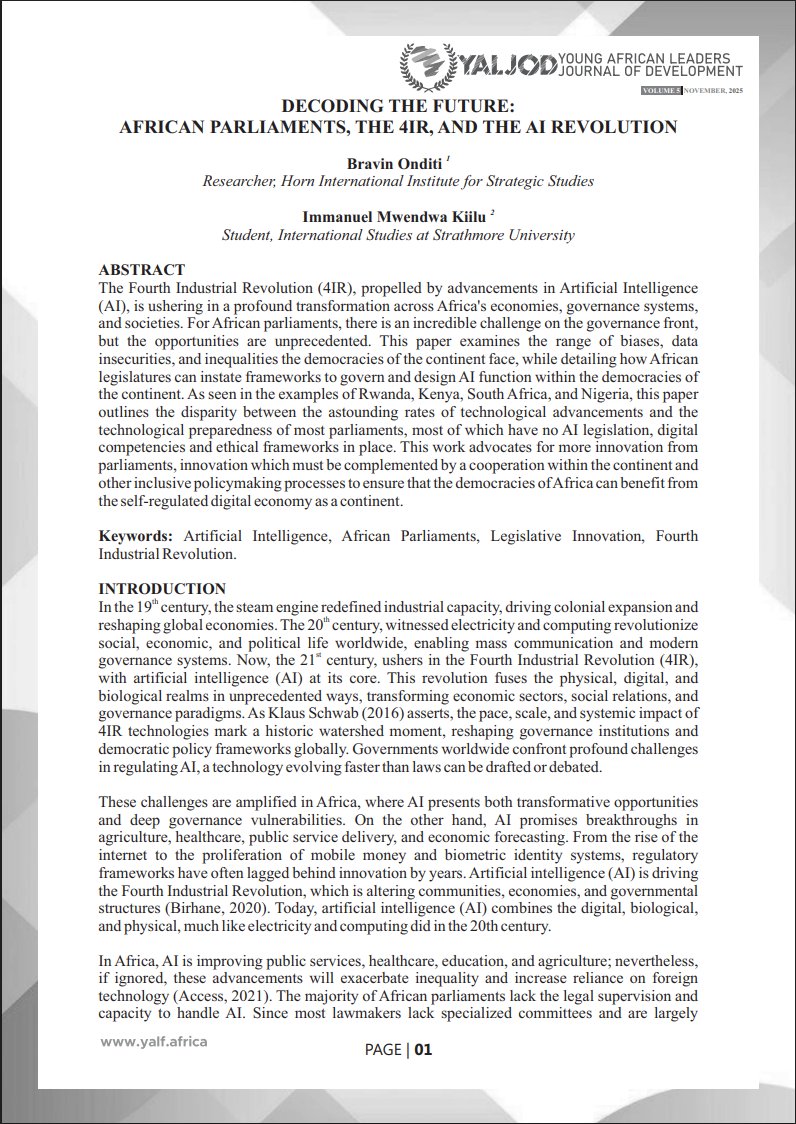 BravinOnditi's tweet photo. I invite you to check out our paper co-authored with @InkImmanuel "Decoding the Future: African Parliaments, the 4IR, and the AI Revolution" published in #YALJOD Volume 5. 

Are African parliaments ready to govern AI? 
🔗https://t.co/fLBb5nvLGv 
#AI #ArtificialIntelligence https://t.co/2iKaffWG2f