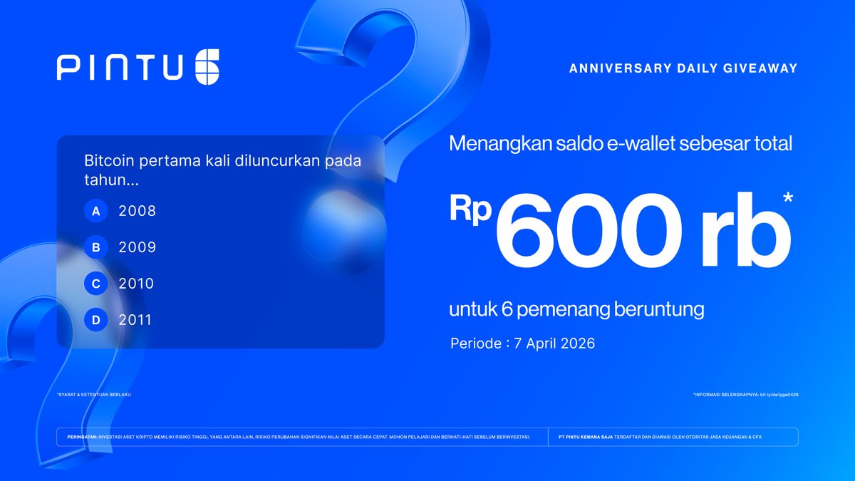 Sore Teman Pintu!

Dalam rangka menyambut anniversary Pintu yang ke-6, Mintu mau adain Daily Giveaway selama 6 hari, mulai dari tanggal 6 hingga 11 April 2026.

Setiap harinya, Mintu bakal bagi-bagi total Rp600 ribu dalam bentuk USDT untuk 6 orang pemenang 🎉

Nah, berhubung