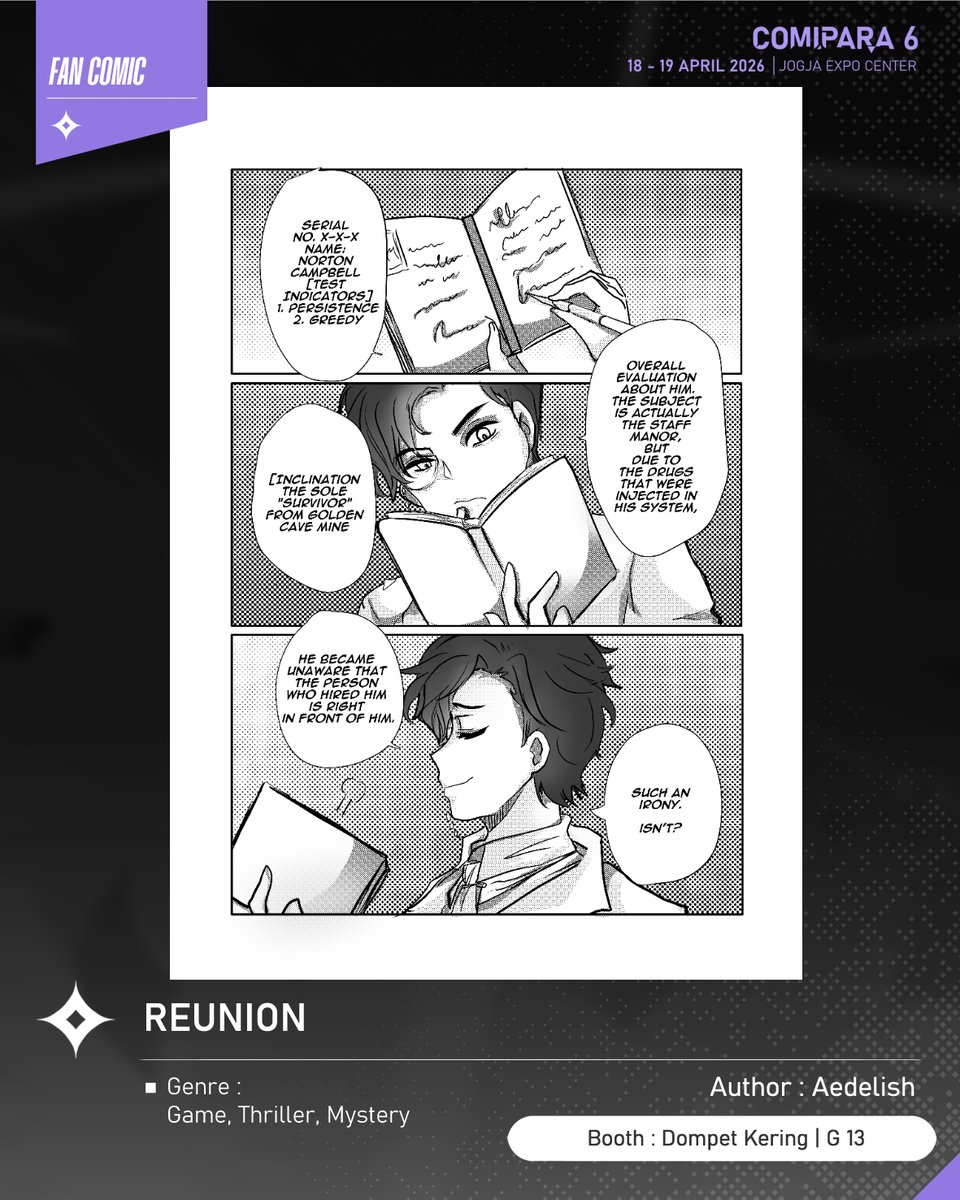 comipara_id's tweet image. [COMIC RAID]
Author: Aedelish
Booth: G 13  -  Dompet Kering

Kali ini ada komik baru karya Kak Aedelish, berjudul "REUNION" yang akan dijual di Comipara 6 besok lho!

Sampai ketemu di venue! ✨

Comipara 6
18-19 April 2026
Jogja Expo Center

"Connect your passion!"

#comicraid6