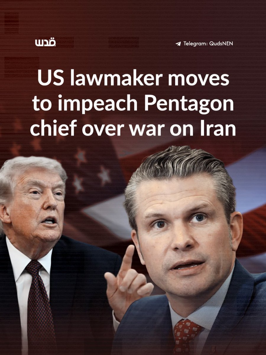 QudsNen's tweet image. US Representative Yassamin Ansari announced that she intends to introduce articles of impeachment against War Secretary Pete Hegseth, accusing him of participating in an illegal war against Iran.

She explained that President Donald Trump is escalating tensions by threatening to