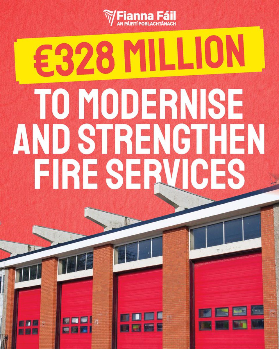 fiannafailparty's tweet image. €328.5 million investment in fire and emergency services (2026–2030) – the largest in the State’s history 🚒

Fianna Fáil with Minister James Browne is determined to deliver safer communities by investing in modern, resilient and future-proofed fire services