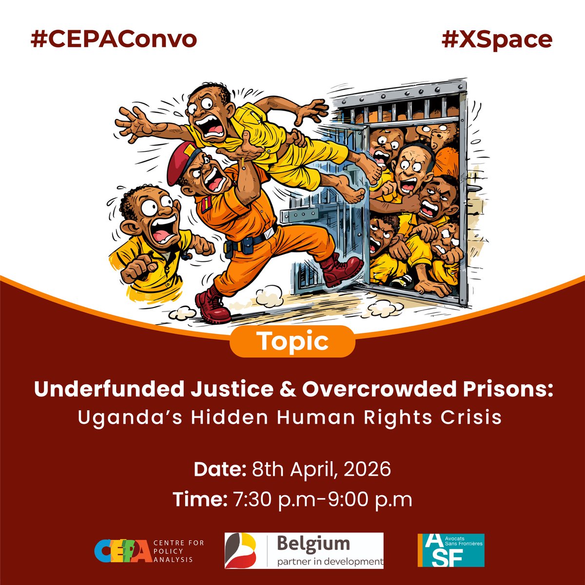 centre4policy's tweet photo. What’s the cost of underfunded justice &amp; overcrowded prisons in Uganda?

From stalled investigations to 3x prison capacity—human rights are on the line.

Join us tomorrow at 7:30pm for a deep-dive.

🔗 X Space: https://t.co/CXRWPnEt8c

#CEPAProgramming #CivicSpaceInitiative https://t.co/EF0qJSLnu1