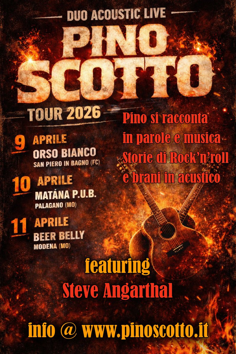 steveangarthal's tweet photo. ⚡LIVE ACOUSTIC DUO 
con Pino Scotto
Tre serate, tre occasioni per vivere la musica dal vivo in modo diretto, senza filtri.
Solo energia, voce e vibrazioni vere
09/04 - Orso Bianco – San Piero in Bagno (FC)
10/04 - Matäna P.U.B – Palagano (MO)
11/04 - Beer Belly – Modena https://t.co/1Pb9OUb674