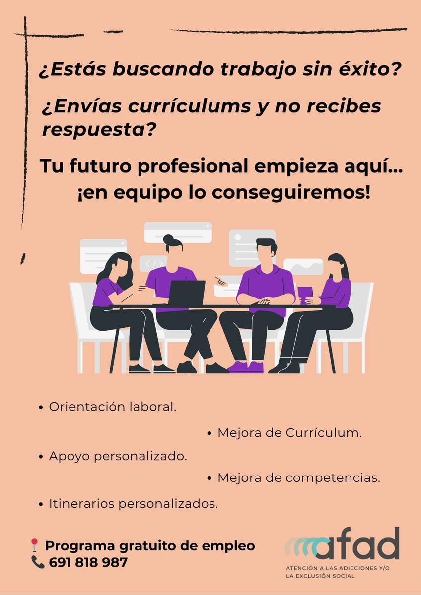 afadvillena's tweet photo. ¡¡¡En AFAD tenemos a tu disposición el programa de Inserción Sociocomunitaria y Laboral, no dudes en preguntarnos!!!😊📞
#afadvillena #empleovillena https://t.co/lHNEjTZhoH