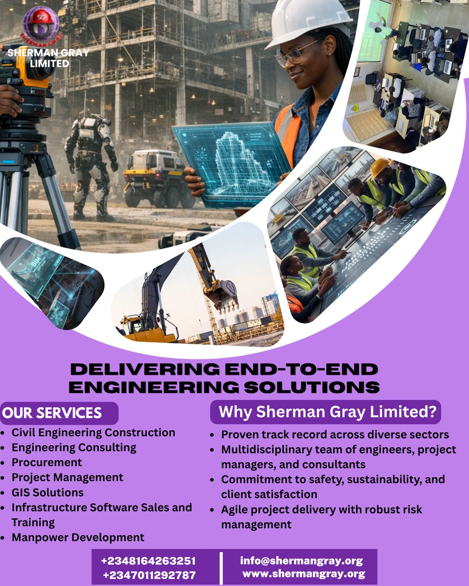 ShermanGrayLtd's tweet image. Sherman Gray Limited delivers complete EPC solutions for modern infrastructure &amp;amp; oil &amp;amp; gas. From civil engineering to GIS, software, consulting &amp;amp; manpower development.
📲: 08164263251, 07011292787
🌐: shermangray.org
📧: info@shermangray.org
#ShermanGrayLimited