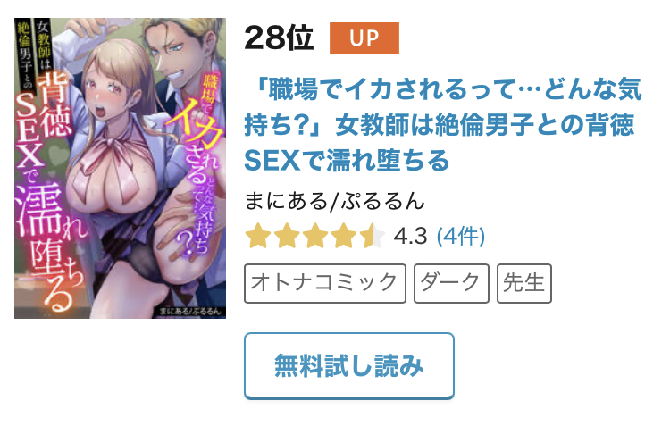 まにある先生/ぷるるん『「職場でイカされるって…どんな気持ち?」女教師は絶倫男子との背徳SEXで濡れ堕ちる』が、めちゃコミックの本日のデイリーランキングで28位をいただいておりました。皆様ありがとうございます！ mechacomic.jp/r/books/210554