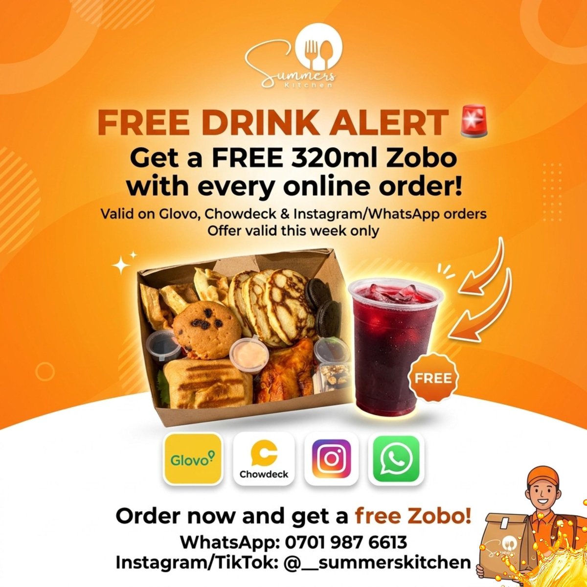 _summerskitchen's tweet image. WEEK OFFER: FREE ZOBO! 🥤
Get a free 320ml Zobo drink with every online order this week.

Order via WhatsApp 0701 987 6613 or on Glovo &amp;amp; Chowdeck 

IG &amp;amp; TikTok: @__summerskitchen 
#SummersKitchen #LagosFoodVendor #OrderNow #FoodLovers! 🚨🥞🍒