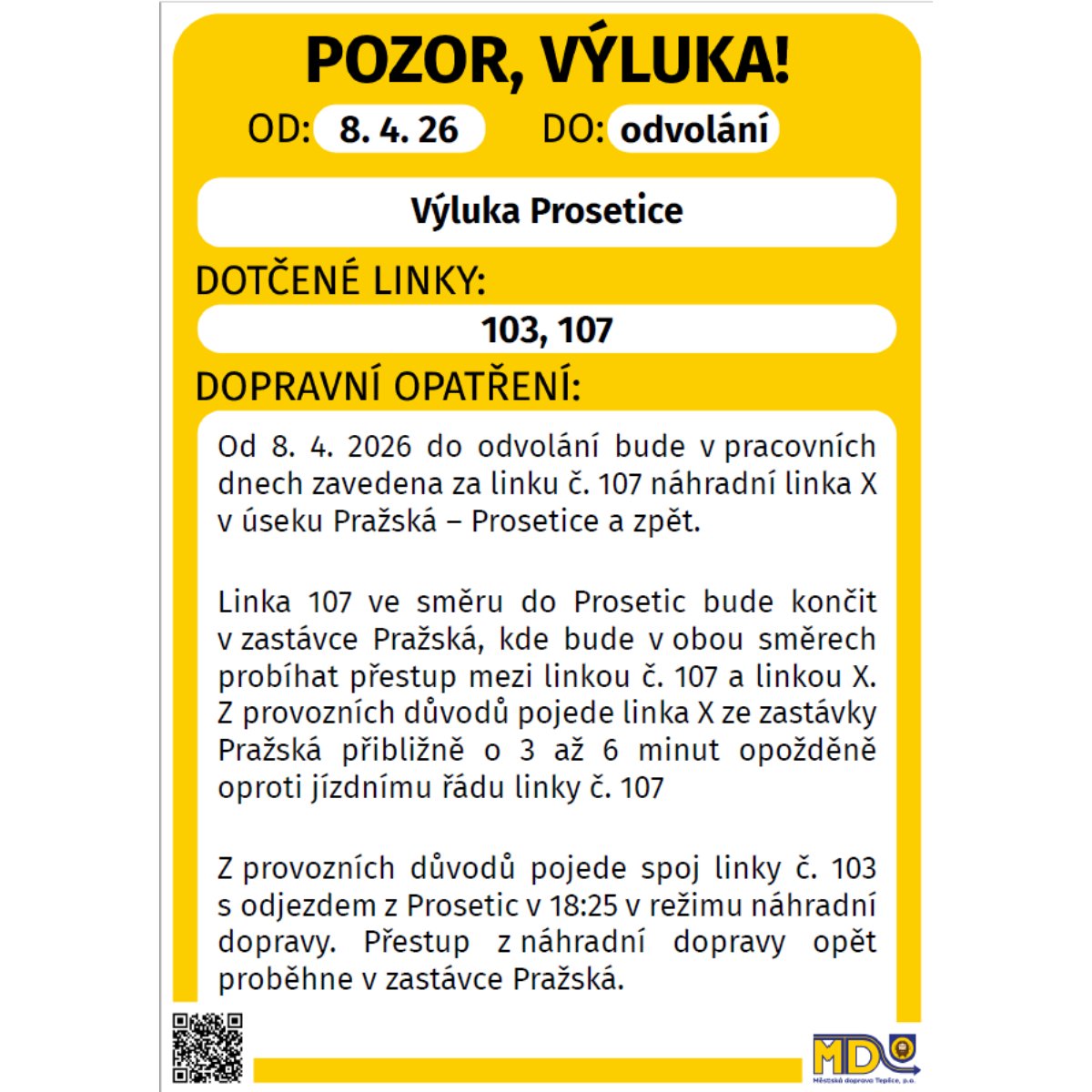 Md_Teplice's tweet photo. Vážení a milí sledující,
z důvodu opravy plynovodu dojde od 08. 04. 2026 do odvolání k mimořádnému omezení provozu do Prosetic. V úseku Pražská - Prosetice bude za linku č. 107 zavedena náhradní doprava. 
Děkujeme za pochopení.
Vaše Městská doprava Teplice, p.o. 😉 https://t.co/J9f283gPJz