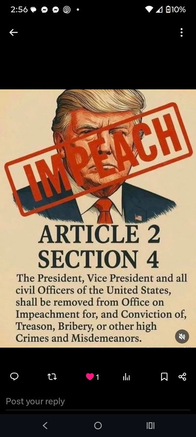 WE MUST DO THIS INSTEAD OF USING THE 25TH AMENDMENT!  THAT ONLY REMOVES TRUMP!  WE NEED TO RID AMERICA AND THE WORLD OF HIS ENTIRE, TREASONOUS, TREACHEROUS, TYRANNICAL REGIME!  ARTICLE II, SECTION 4!
