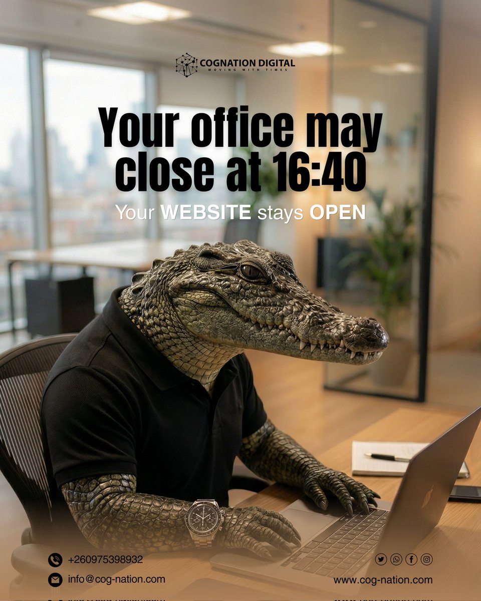 The office: 🔒Closed
The website: 🟢 Online &amp; earning.

Be like the croc, always ready for the next opportunity. Let's get your business the 24/7 visibility it deserves.

DM us or visit cog-nation.com to get started.

#cognationdigital #webdevelopment #digitalmarketing