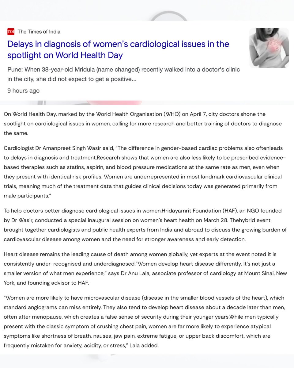 Hridayamrit_Fdn's tweet image. 🫀We got featured in @timesofindia on #WorldHealthDay — spotlight on delays in diagnosing women’s heart disease.

📰 timesofindia.indiatimes.com/city/pune/dela…

@amanpreet_wasir @dranulala

#HridayamritFoundation #WomenInCardiology​​​​​​​​​​​​​​​​ #MedTwitter #CardioX #WIC