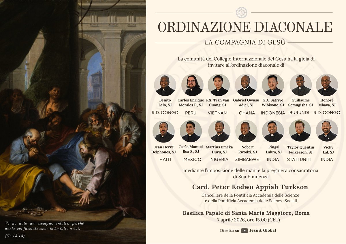 We rejoice as Jesuit scholastics are ordained to the diaconate today, 7 April 2026, in Rome, through the imposition of hands and consecratory prayer of Cardinal Peter Kodwo Appiah Turkson. 🙏 Join us in praying for them as they take this significant step in their #jesuit vocation
