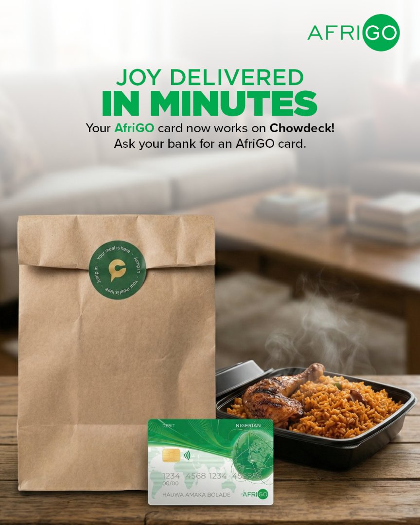 afrigopay's tweet photo. Good food, no stress. 🍔
Enjoy fast deliveries and pay seamlessly with your AfriGO card on Chowdeck.
#AfriGO #Chowdeck #FoodDelivery #CashlessLiving #PayEasy https://t.co/l6yDzQcL8q