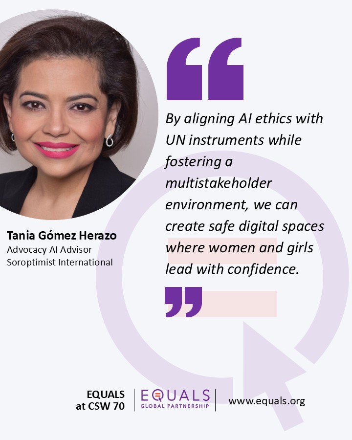 equals's tweet image. AI must work for everyone.

Tania Gómez Herazo, Advocacy AI Advisor at @SoroptiTweet , highlights the role of global frameworks + collaboration in shaping safer, more inclusive digital spaces.

@ITU  @UN_Women  @ITCnews  @GSMA @ITUatUNHQ 

#AIethics #WomenInTech