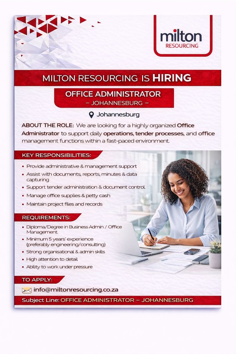 yuthconnect's tweet image. 📌Milton Resourcing

We’re hiring an Office Administrator in Johannesburg.
Strong admin skills + attention to detail? Apply today.
📩 info@miltonresourcing.co.za

Subject: Office Administrator – Johannesburg
#Hiring #AdminJobs #JohannesburgJobs
