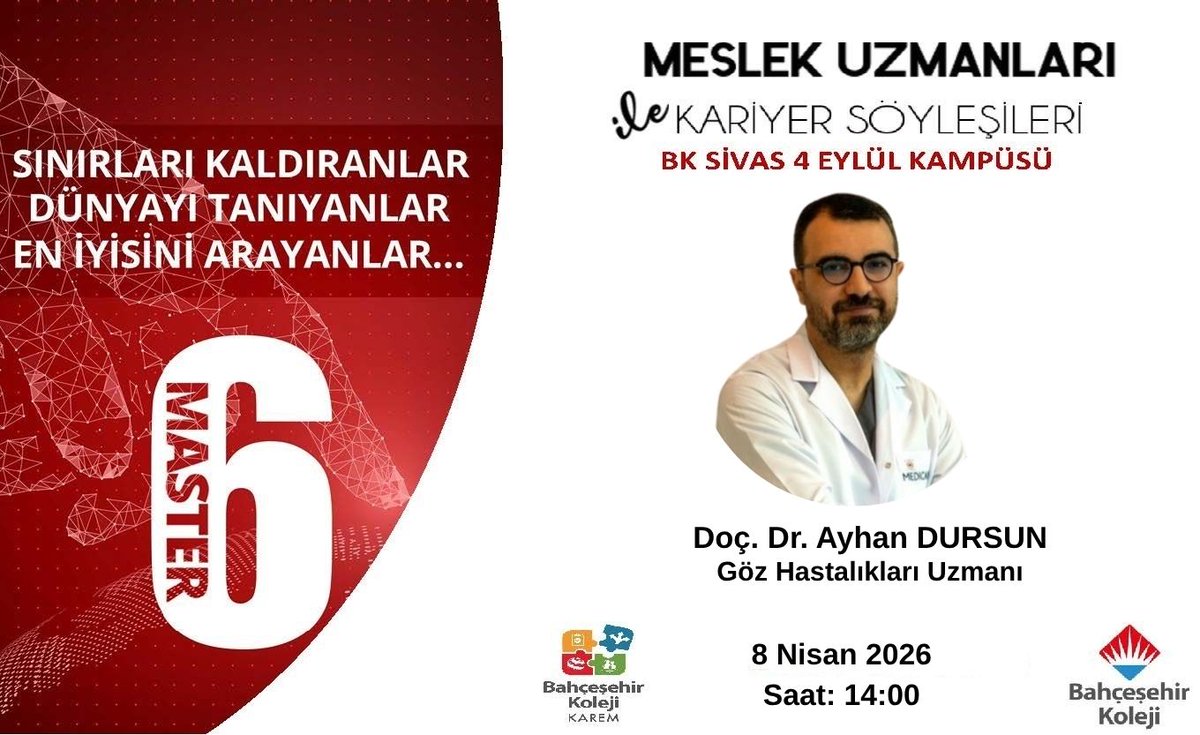 BahcesehirSivas's tweet photo. Lise #Master6 Meslek Uzmanları ile Kariyer Söyleşileri kapsamında bu ayki konuğumuz, Göz Hastalıkları Uzmanı Sn. Doç. Dr. Ayhan Dursun olacaktır. 👨💼🏫📚 https://t.co/7xgvXGegDu
