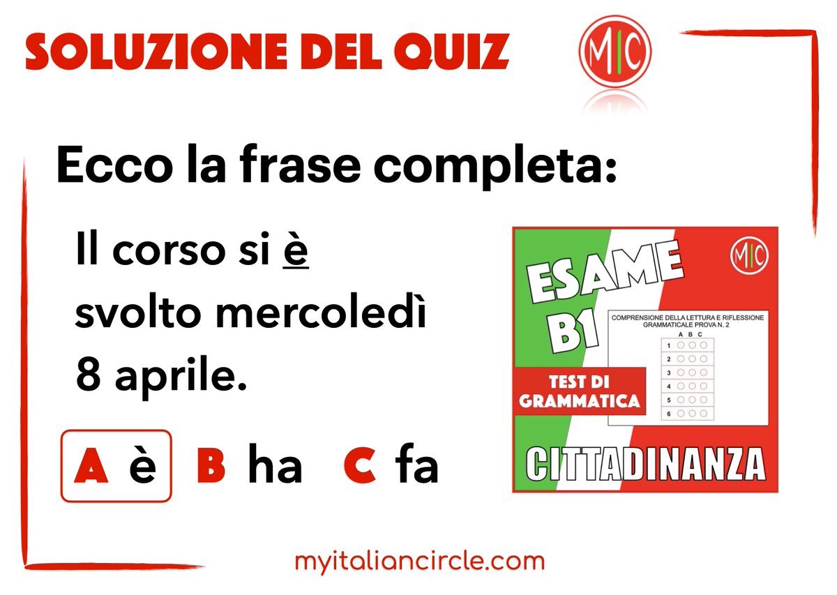 Soluzione del quiz: la risposta giusta è A: il corso si è svolto. Il verbo riflessivo svolgersi vuole l'ausiliare essere.

Hai risposto bene? Trovi tanti esercizi di questo tipo sul nostro canale YT :)

#learnItalian #langtwt #italiano #esameB1