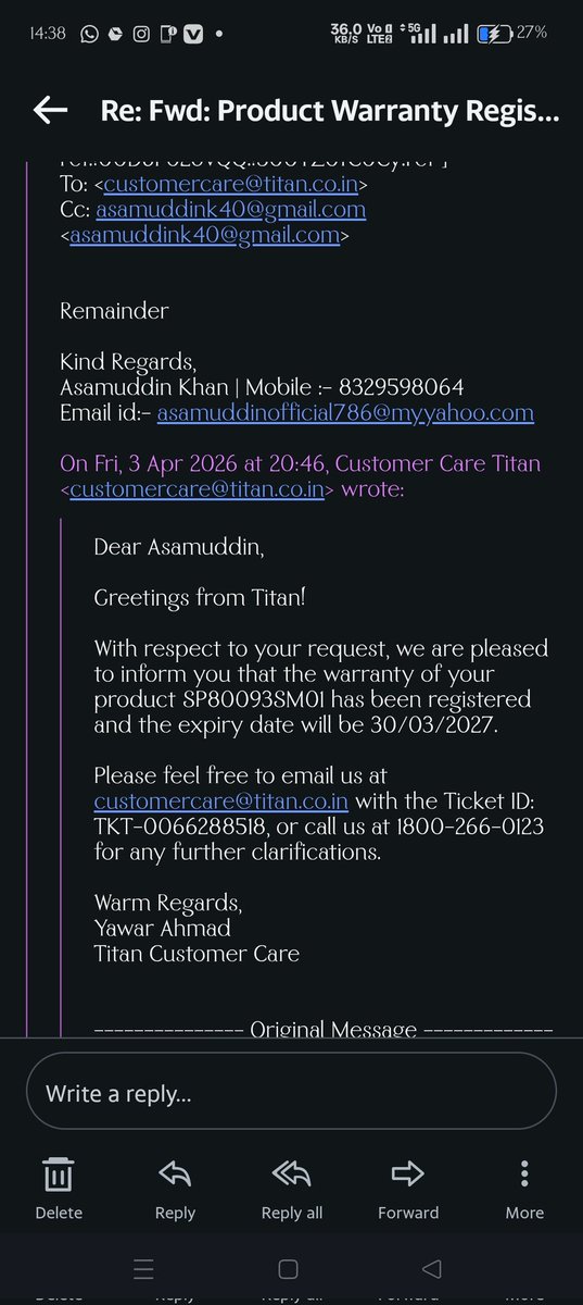 asamuddin_k786's tweet photo. @titanwatches 

Dear Titan Team,

Kindly find the attached screenshot from the official Titan website showing a 2-year warranty for your reference. https://t.co/qTTs4rq23P