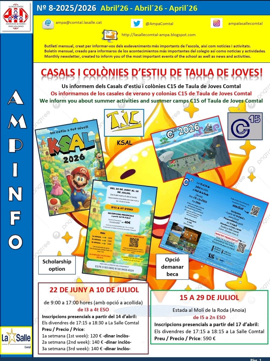AmpaComtal's tweet photo. Vols informació de les activitats d'estiu i suggeriments per Sant Jordi? Mira l'AMPINFO de l'abril i no et perdis res!
https://t.co/t7ZeYDuQ7J
@AmpaComtal #ampaldia @LaSalleComtal https://t.co/JndAdcpmUj