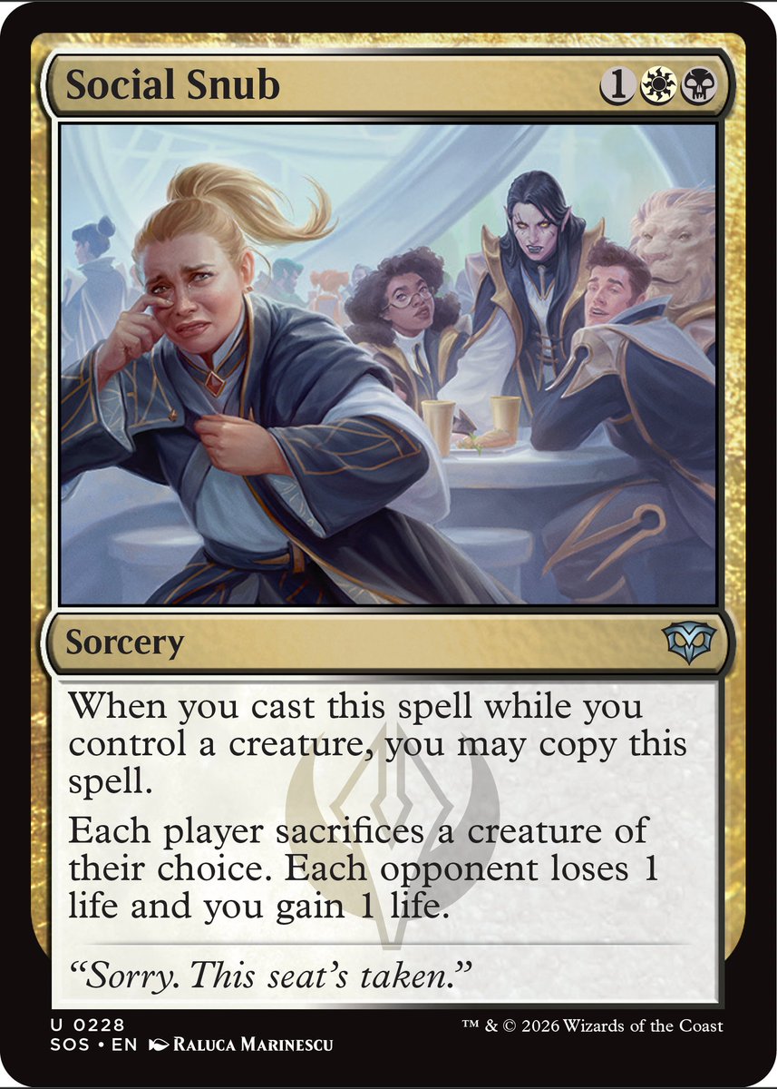 Marshall_LR's tweet image. "Sorry. This seat's taken." Ouch, nobody likes to get snubbed. But maybe it's ok if the archetype is set up for it? This is the other LR preview card for Secrets of Strixhaven, and it's a tough one to evaluate.. 

patreon.com/posts/official…