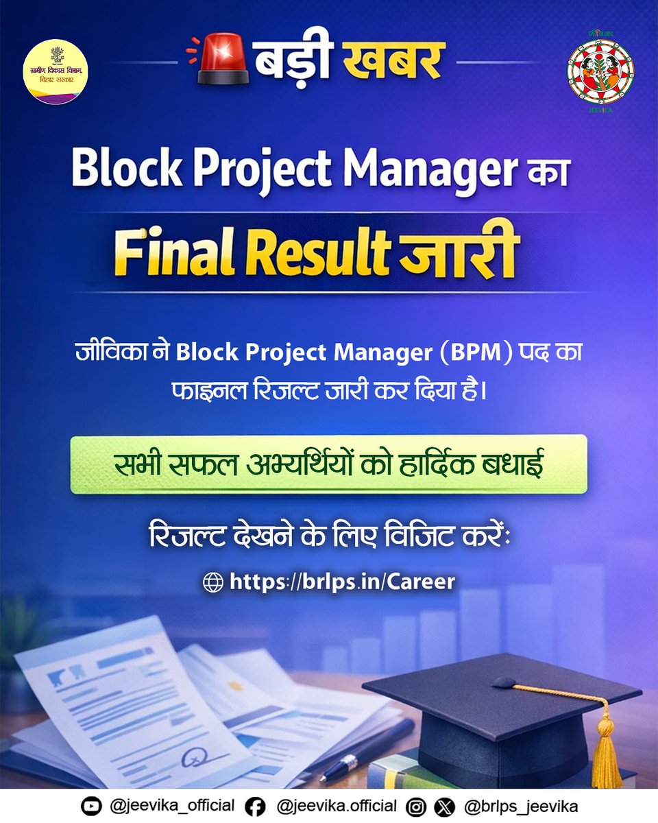 Sikshasarthi's tweet image. जीविका ने Block Project Manager (BPM) का अंतिम परिणाम जारी कर दिया है।

सभी सफल अभ्यर्थियों को हार्दिक बधाई।

रिजल्ट देखने के लिए विजिट करें: brlps.in/Career
#Jeevika #BRLPS
 #BPM
#BlockProjectManager