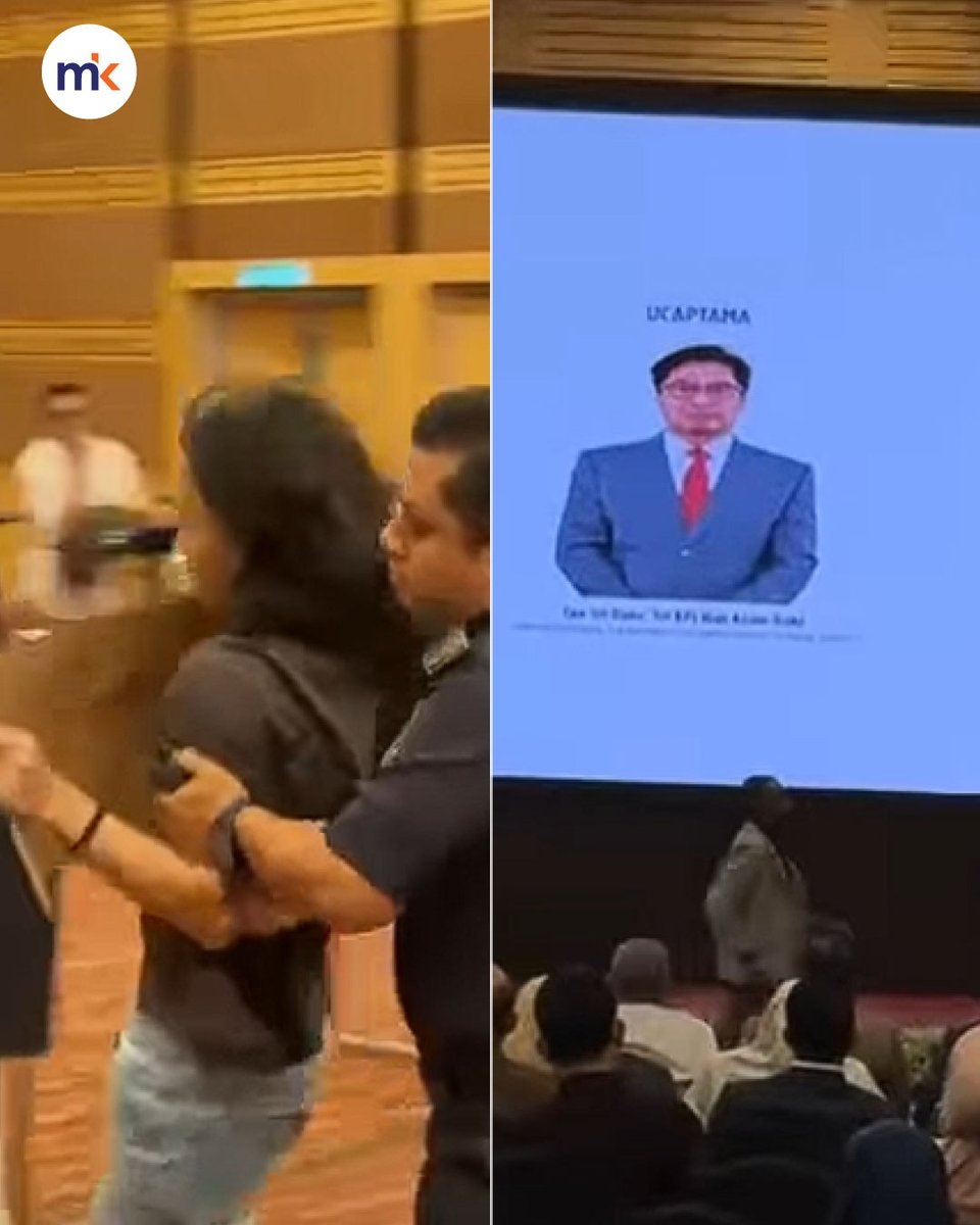 mkini_bm's tweet photo. Aktivis yang membawa sepanduk “Tangkap Azam Baki” mengganggu ucapan ketua pesuruhjaya SPRM semasa ucapan pada program Wacana Ilmiah Perdana di Pusat Dagangan Dunia (WTC), Kuala Lumpur sekitar jam 2.45 petang tadi.

Pemuda dengan baju berlogo 'Mandiri' itu dikatakan tiba-tiba bangun dan mengangkat sepanduk yang menulis kecaman kepada Azam.

Seorang daripada mereka dilaporkan sempat menjerit “Tangkap Azam Baki” ketika ketua pesuruhjaya itu sedang berucap. 

Berita penuh: https://t.co/SVyvCCeeky