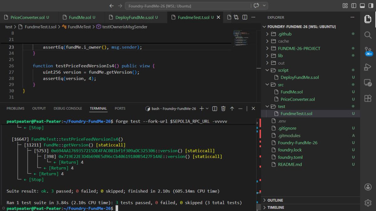 PeatPeater2's tweet image. Ran some Foundry tests this morning 
Noticed 'staticcall'  in the logs and thought it was a warning at first 🤣
Turns out it’s just a read-only call under the hood (no state change).

3 tests passed, 0 failed.
Always learning 
#Solidity #Web3 #Foundry