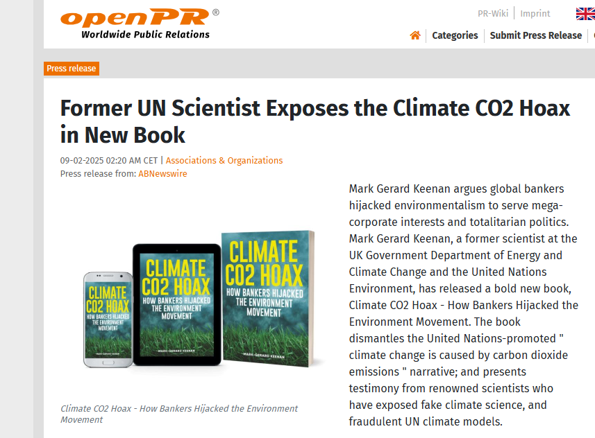 Erinni15's tweet image. Un ex scienziato delle Nazioni Unite smaschera la bufala della #CO2 sul #clima in un nuovo libro. Mark Gerard Keenan sostiene che  abbiano dirottato l'ambientalismo per servire gli interessi delle megacorporazioni e le politiche totalitarie. 
#climateScam 
openpr.com/news/4165871/f…