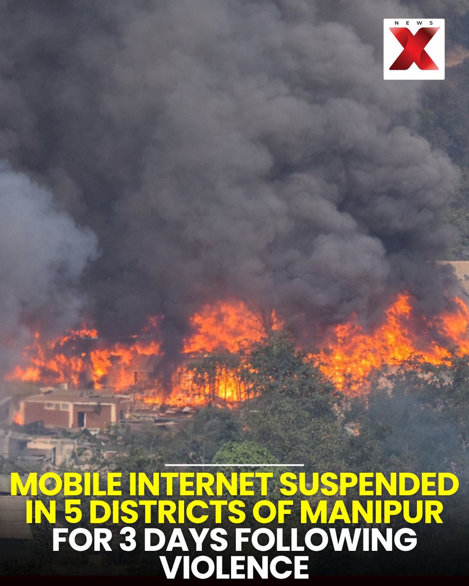 NewsX's tweet image. Following a fresh surge in violence, mobile internet services have been suspended for three days in five districts of Manipur: Imphal East, Imphal West, Thoubal, Kakching, and Bishnupur.

#Manipur #InternetBan #Violence #Imphal #BreakingNews #IndiaNews #Security #NewsX