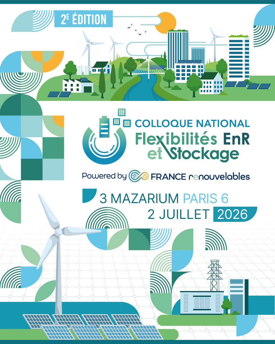 f_renouvelables's tweet image. [#SaveTheDate] Cet été, France renouvelables organise la seconde édition du Colloque National "Flexibilités #EnR &amp;amp; Stockage" ! #CNFES

📆RDV ce 2 juillet 2026 au 3 Mazarium à Paris

Pour découvrir le programme, sponsoriser l'événement &amp;amp; s'inscrire :
👉 live.eventtia.com/fr/colloque-fl…