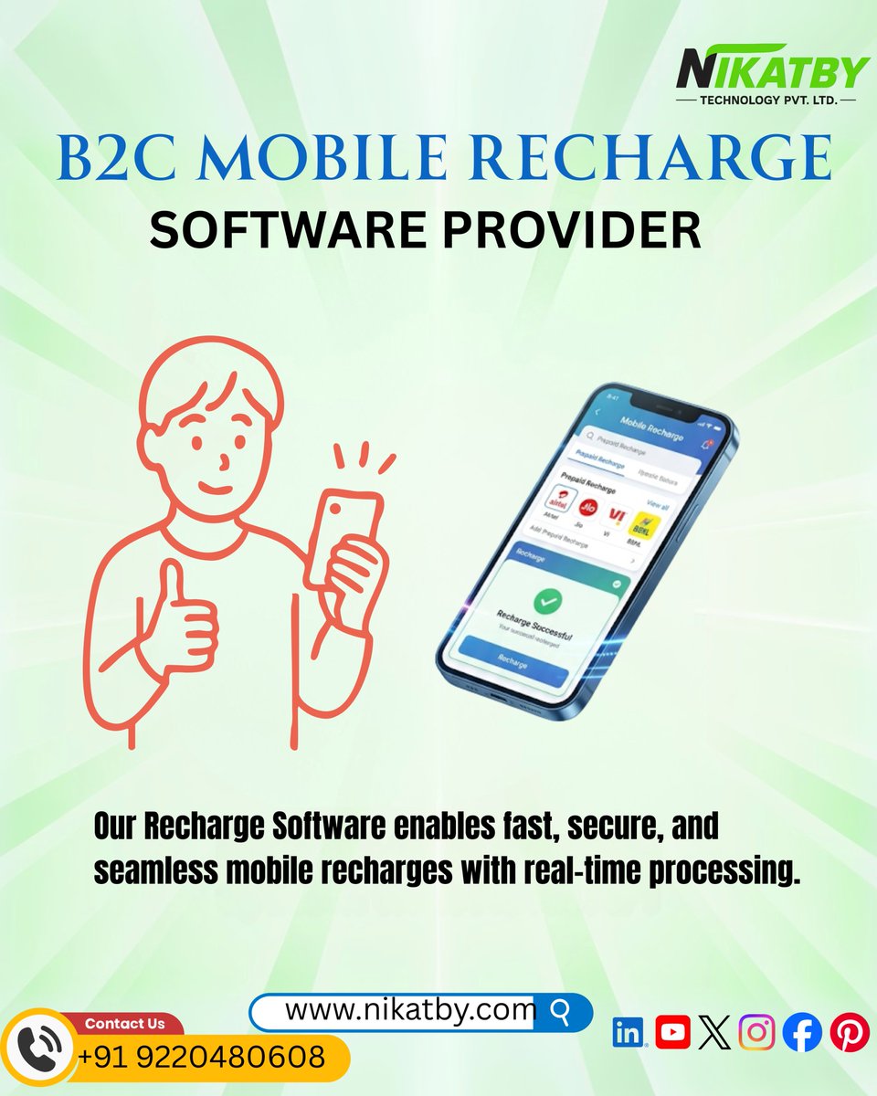 nikatby's tweet image. Launch your own B2C Mobile Recharge Software 🚀📱
Fast, secure &amp;amp; seamless recharges with real-time processing ⚡
Grow your digital business today 👇
🌐 nikatby.com
📞 +91 9220480608
#B2CSoftware #RechargeSoftware #MobileRecharge #FintechIndia #DigitalPayments