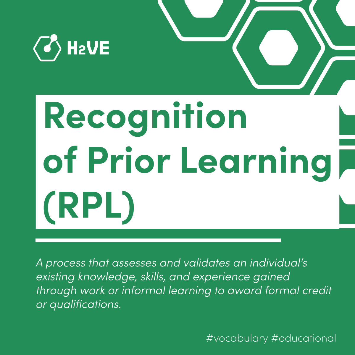 🔍 H2VE Vocabulary | Recognition of Prior Learning (RPL)

RPL assesses and validates skills, knowledge and experience gained through work or informal learning. It supports access to formal credit, qualifications and smoother pathways into hydrogen careers.
#H2VE #RPL #Hydrogen