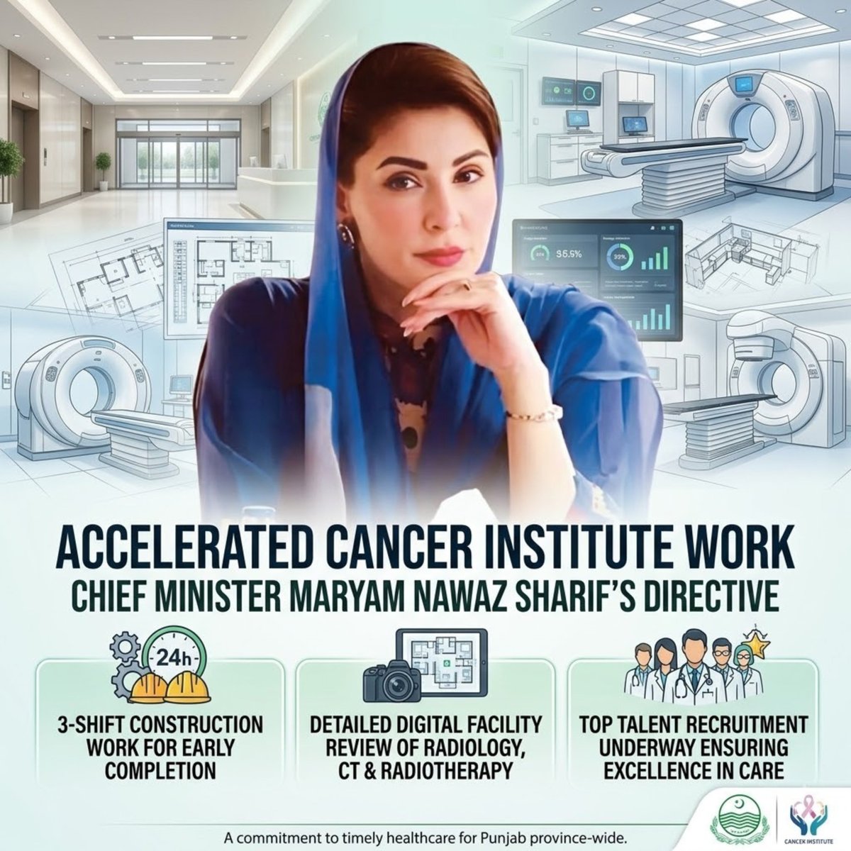 Hiraabbasi2020's tweet image. CM Maryam orders faster progress on Nawaz Sharif Cancer Institute to improve healthcare infrastructure in Punjab. #Punjab #Healthcare #Development #Pakistan