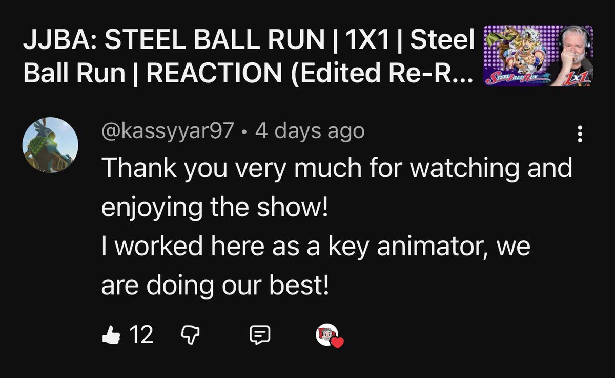 Pretty cool when one of your reactions reaches one of the key animators. 
#jojosbizarreadventure
#steelballrun