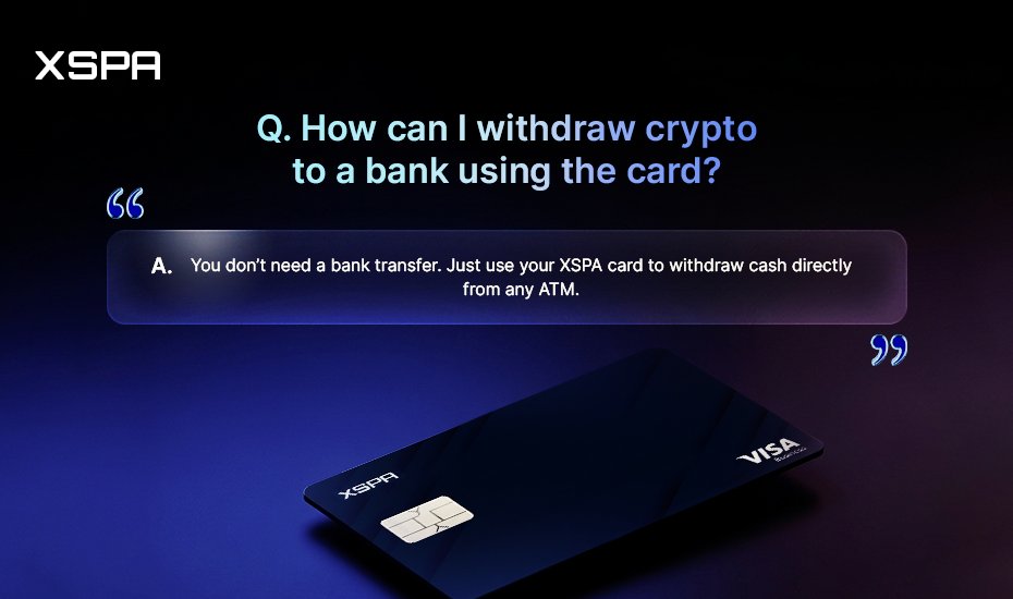 XSPA_ai's tweet image. crypto to cash in seconds… not days ⏳
no #P2P
no bank transfer

just ATM withdrawal using your @XSPA_ai card

finally - simple &amp;amp; fast

👉 get your card &amp;amp; try it today.

#CryptoMarket