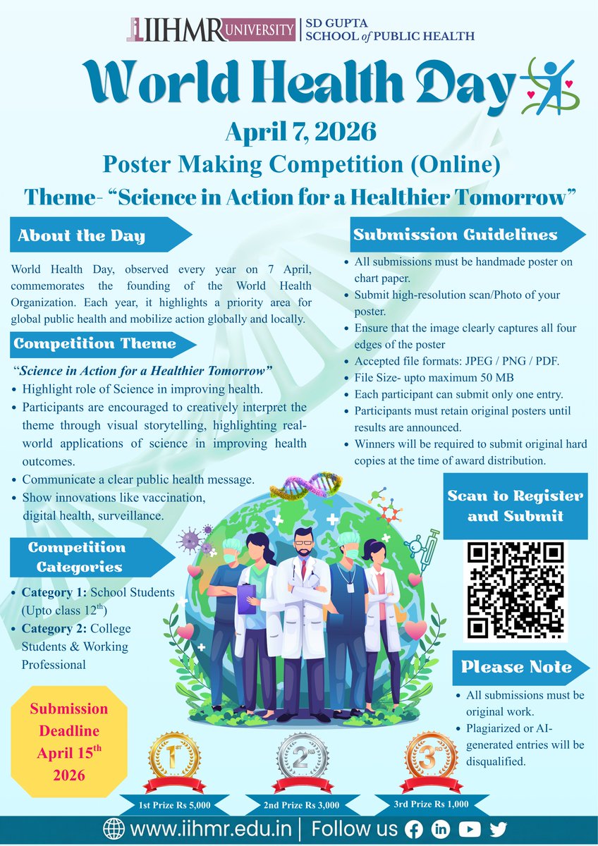 We are happy to announce a #PosterCompetition to commemorate the #WorldHealthDay2026. Click to learn more and submit your entries to win exciting prizes! iihmr.edu.in/jaipur/world-h… #WHD2026 #StandWithScience #Healthiertomorrow <a href="/IIHMRUniversity/">IIHMR University</a> <a href="/WHO/">World Health Organization (WHO)</a> <a href="/MoHFW_INDIA/">Ministry of Health</a> <a href="/whoindia2019/">Welfare Health Organization</a>
