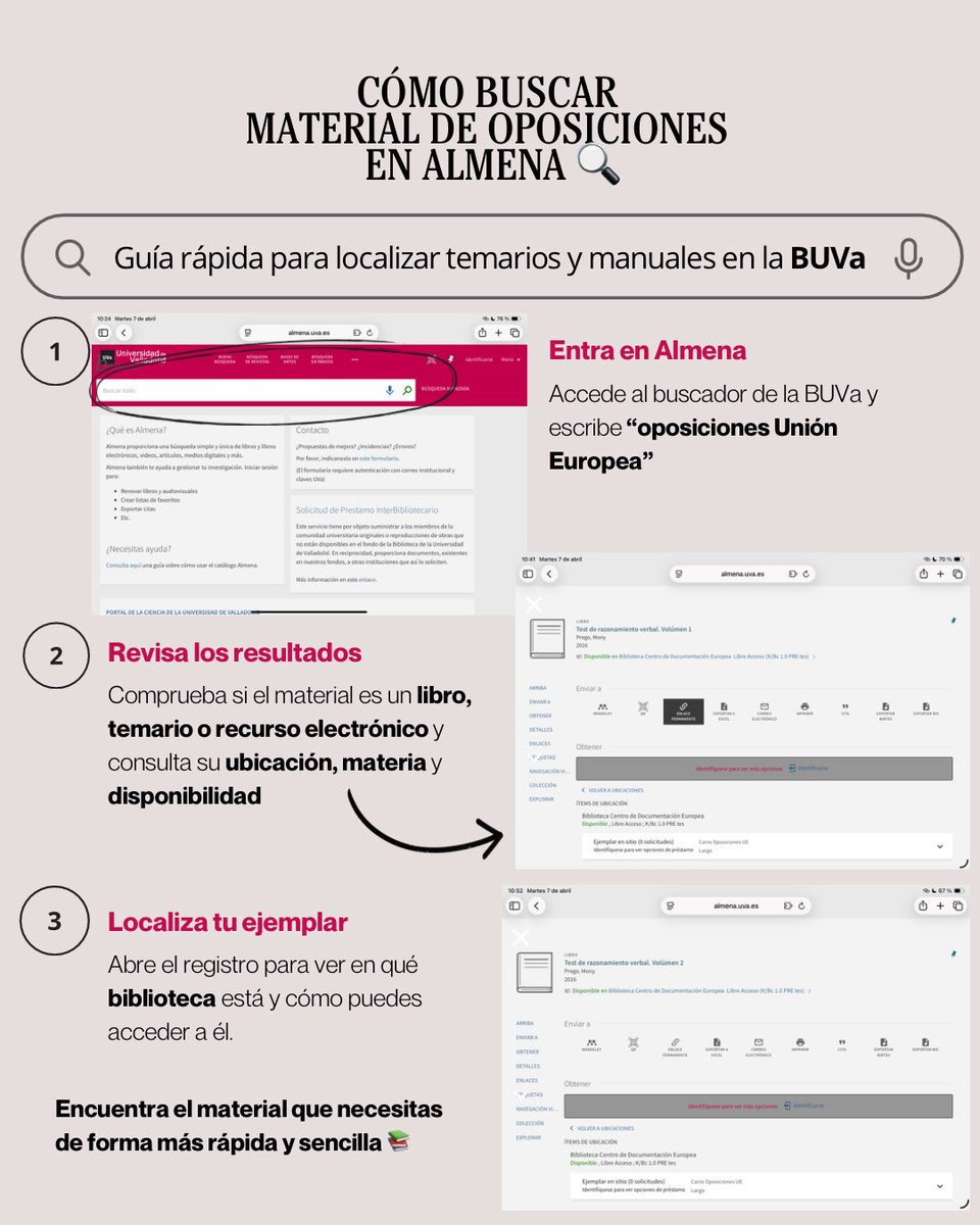 CDEuropea_uva's tweet photo. ¿Preparando oposiciones? 📚
En Almena puedes localizar temarios, manuales y otros materiales de estudio de forma sencilla.
Te contamos cómo buscar y encontrar el ejemplar que necesitas 🔎
#Almena #BUVa #Oposiciones #UVa #CDE https://t.co/ZMpHpyNaVl