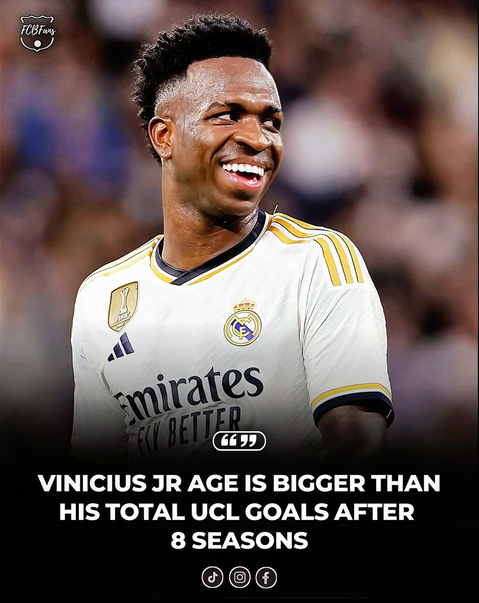 FCBFansGlobal's tweet photo. OH MY GOD Mind Blowing Stats 😀:

The stat that will stop you mid-scroll: Vini Jr age is higher than the total number of goals he has scored in the UCL knockout stages across his entire career.
25 > 16.

Yes, you read that right. After eight seasons, 39 knockout appearances, two Champions League titles, and countless moments of magic, Vini Jr. sits on exactly 16 goals in the round of 16 and beyond. He’s older than every single one of those strikes combined.2ffab5

#viralvideo #vinicius #vinijr #bayernmunich #realmadrid