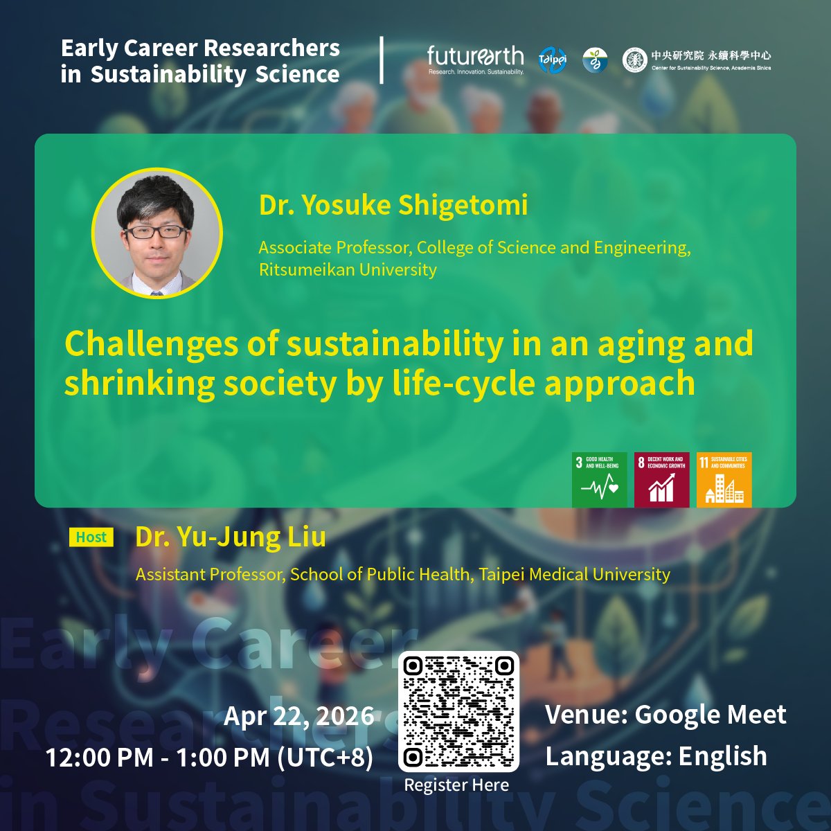 FutureEarthTPE's tweet photo. ECR WG Webinar/
How does an aging society shape our carbon footprint?  Join us to explore household emissions across generations — and what it means for a sustainable future.  
📅 Apr 22 | 12:00–13:00 (UTC+8) 
💻 Google Meet 
👉 Register: https://t.co/n5Xic11SWI https://t.co/Gxkf67UCep