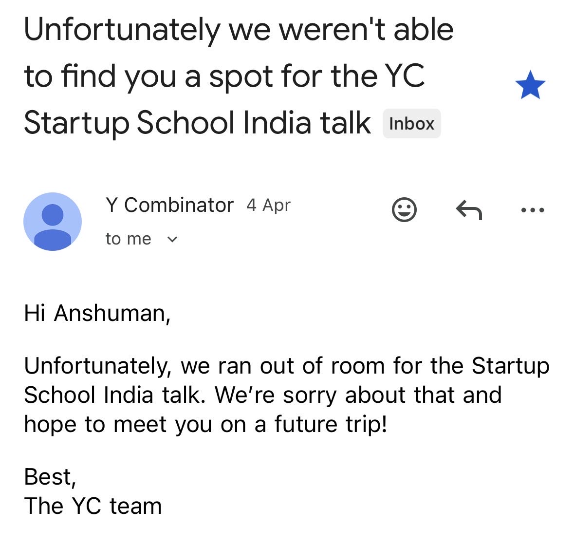anshuman_s30's tweet photo. Hopefully will make it next time 😀

#StartupSchoolIndia #YC https://t.co/t7tVKwS5ic