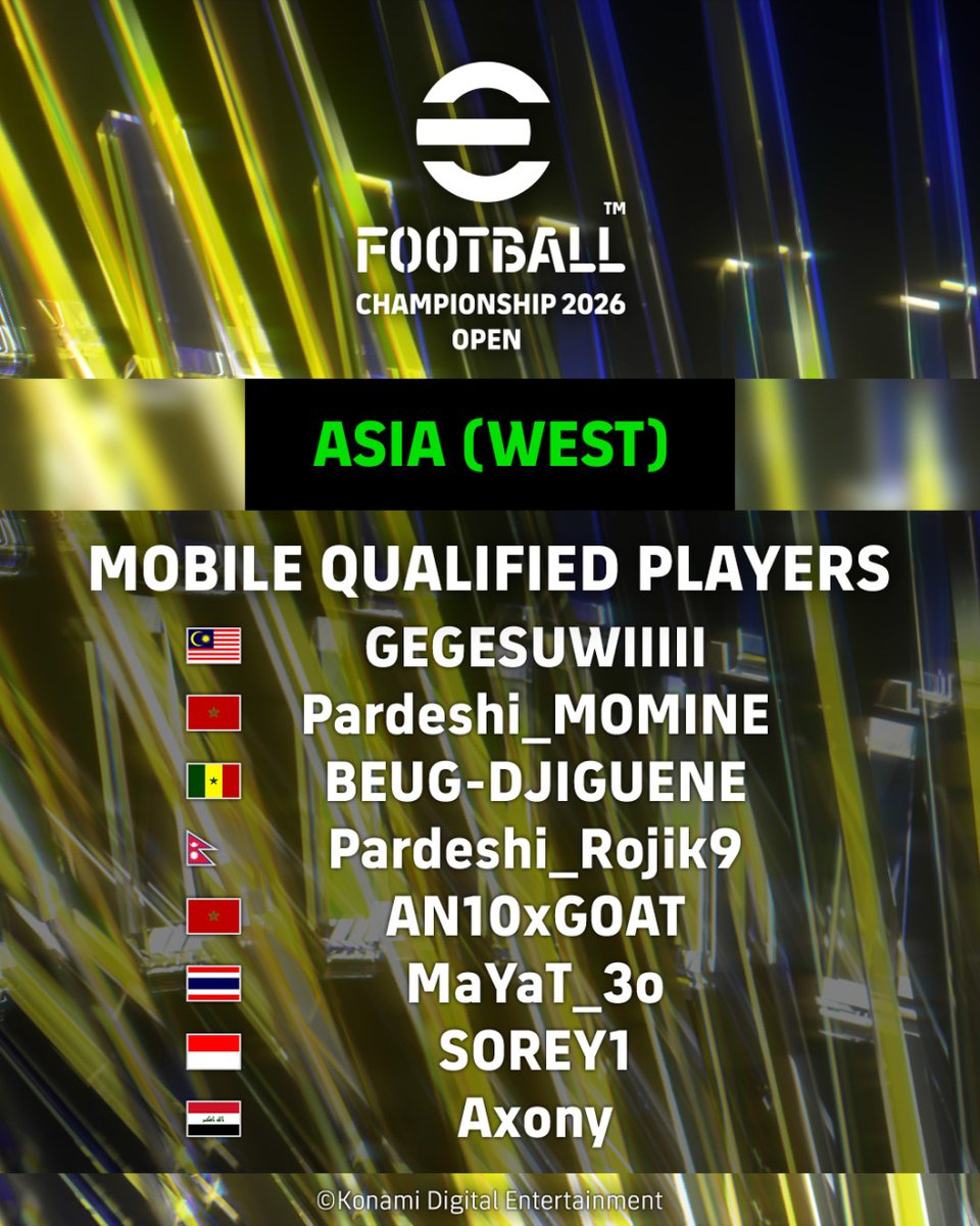 we_konami's tweet photo. 【eFootball™︎ Championship 2026 Open 1st Qualifiers Round 3】

死闘を勝ち抜き、Regional Finalsへの切符を手にしたのはこの選手たち！

頂点をかけた戦いは、まだ終わらない🔥

まもなく「2nd Qualifiers」も開幕！
次に世界へ駆け上がるのは、あなたかもしれない⚽️

#efootball #イーフト https://t.co/Jee4T4mY55