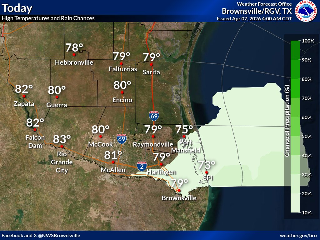 NWSBrownsville's tweet image. Temperatures remain below normal, but will slowly climb each day this week. Rain chances will also gradually increase, but today, expect dry and warm weather. #txwx #rgv #spi