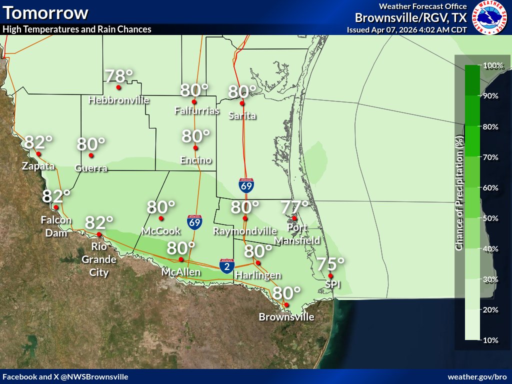 NWSBrownsville's tweet image. Temperatures remain below normal, but will slowly climb each day this week. Rain chances will also gradually increase, but today, expect dry and warm weather. #txwx #rgv #spi