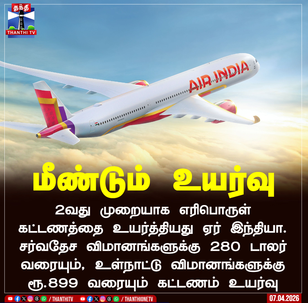 ThanthiTV's tweet image. மீண்டும் உயர்வு

 2வது முறையாக எரிபொருள் கட்டணத்தை உயர்த்தியது ஏர் இந்தியா. சர்வதேச விமானங்களுக்கு 280 டாலர் வரையும், உள்நாட்டு விமானங்களுக்கு ரூ.899 வரையும் கட்டணம் உயர்வு

#airindia  #fuel  #charge  #hike  #thanthitv