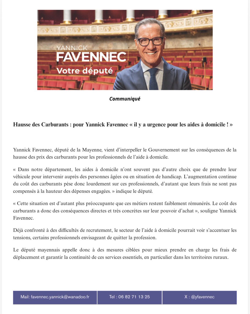yfavennec's tweet photo. Dans le contexte de hausses vertigineuses du prix des carburants, j’ai demandé au @gouvernementFR des mesures d’accompagnement ciblées en particulier pour les aides à domicile dont les missions, notamment auprès de nos aînés, sont incontournables dans nos territoires ruraux. https://t.co/9jUNYGDlNV