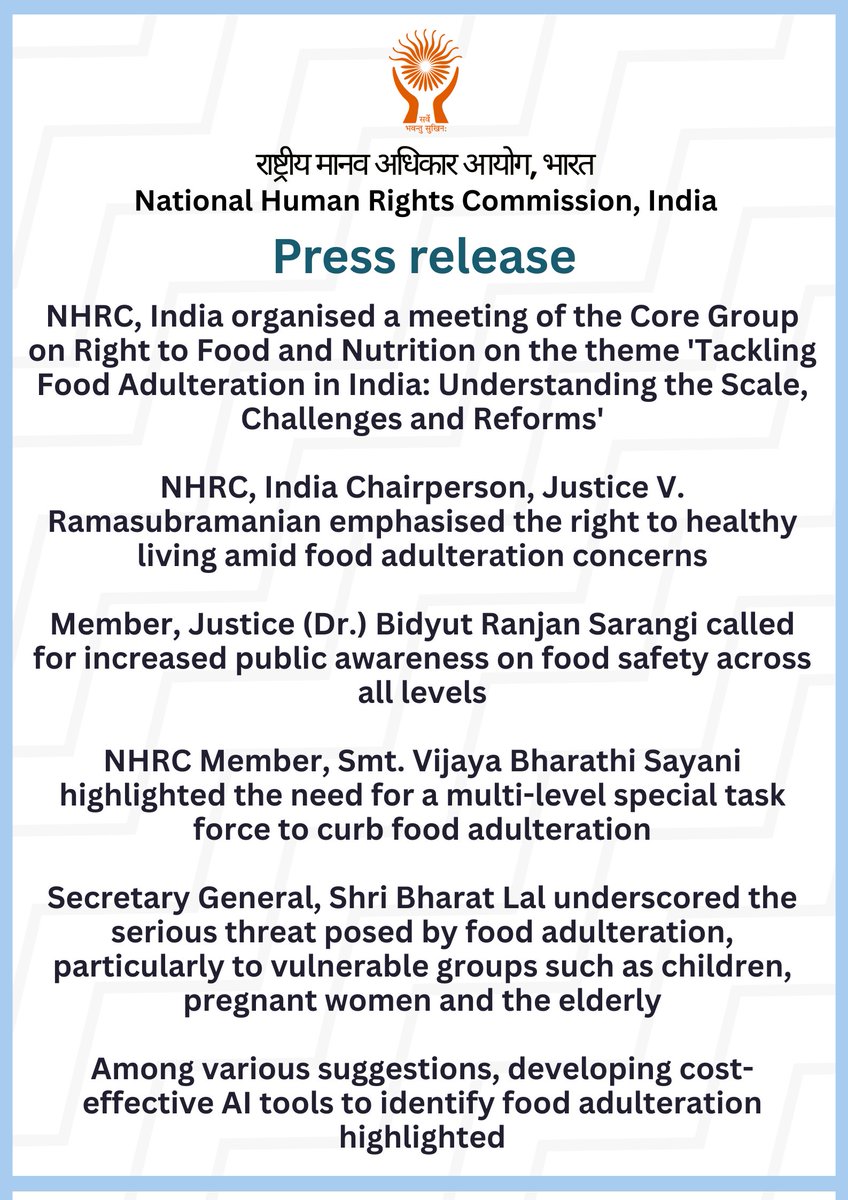 India_NHRC's tweet photo. NHRC, India organised a meeting of the Core Group on Right to Food and Nutrition on the theme 'Tackling Food Adulteration in India: Understanding the Scale, Challenges and Reforms.' May like to refer to the press release at: https://t.co/vIC9V5hLG0 @PIBHomeAffairs @ANI @PTI_News https://t.co/F9P15Dgujo