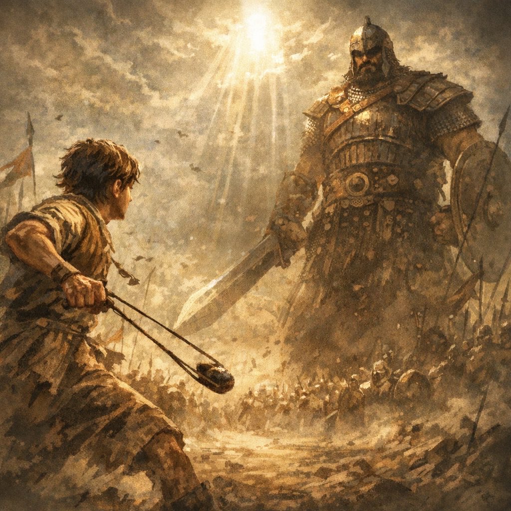 في مواجهة طالوت وجالوت لم تكن الكثرة ولا السلاح هي التي صنعت النصر، بل صنعه اليقين؛ حين ثبتت القلة المؤمنة فزادهم الله ثباتا واسقط من قلبوهم رهبة العدد والعدة..

برز شاب من وسط جيش طالوت ع وهو داود ع بسلاح بسيط لا يُحسب في ميزان الحروب، فأسقط به جبروتاً ظنّ نفسه قد بلغ النصر…!!