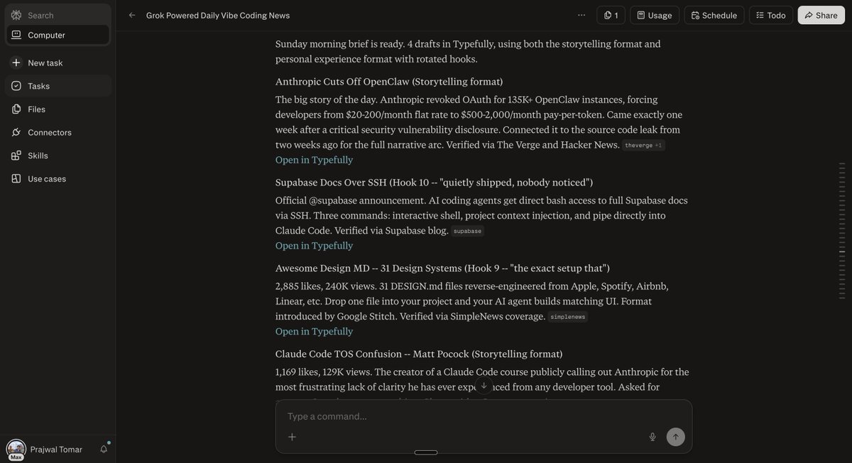 PrajwalTomar_'s tweet image. You don't realize how BIG this is.

Content research used to take me 2 hours every morning. Now it takes zero.

Built an AI agent in Perplexity Computer that does the entire thing while I sleep.

It scans vibe coding news, fact-checks everything against live sources, writes quote