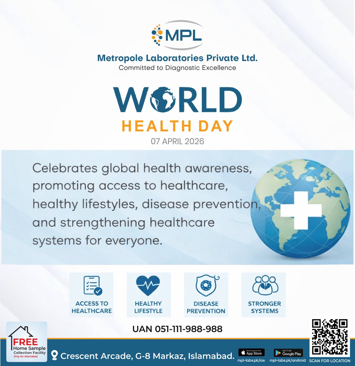 MPL_Labs's tweet photo. 🌍 World Health Day 2026

Your health matters—prioritize prevention, live healthy, and stay informed. 🩺💙

🚗 FREE Home Sample Collection in Islamabad &amp; Rawalpindi

#WorldHealthDay #HealthForAll #MetropoleLaboratories #StayHealthy https://t.co/NpVVkc96bS