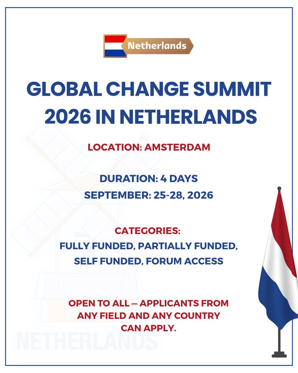 scholar_corner's tweet image. Global Change Summit 2026 in Amsterdam, Netherlands (GCS 2026) 

📍 Location: Amsterdam, Netherlands
📅 Dates: 25–28 September 2026 

Link: scholarshipscorner.website/http-global-ch…

pen to individuals from around the world, including students, professionals, entrepreneurs, policymakers,